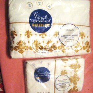 Wamsutta Lustercale Sheet Pillow Cases New Old Stock 81 X 108 White Gold Accents